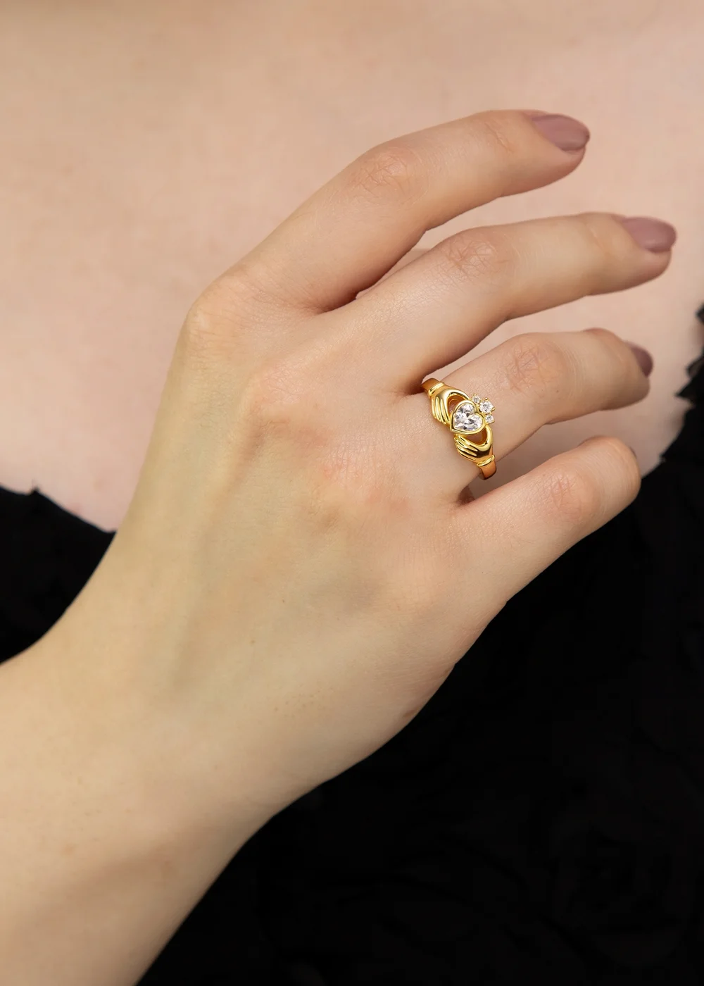 Golden Moments Sterling Silver Gold Plated Heart CZ Claddagh Ring - L Image 3