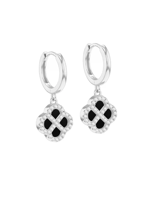 Golden Moments Sterling Silver Rhodium Plated Black Agate Clover and CZ Hoop Earrings - One Size Image 1