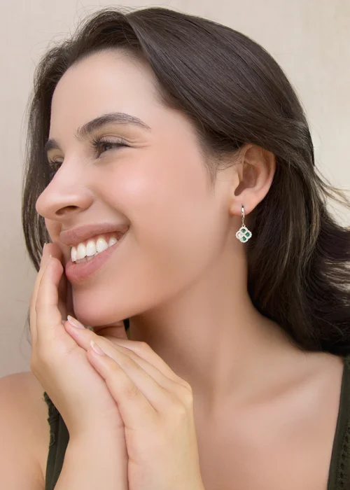 Golden Moments Sterling Silver Rhodium Plated Malachite Clover Hoop and CZ Hoop Earrings - One Size Image 3