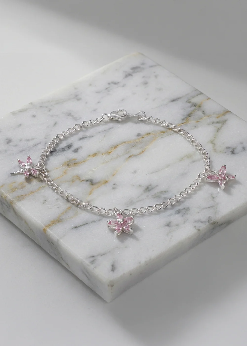 Golden Moments Sterling Silver Three Pink CZ Charm Bracelet - One Size Image 2