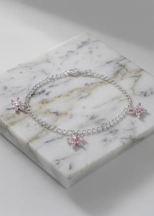 Golden Moments Sterling Silver Three Pink CZ Charm Bracelet - One Size Image 2