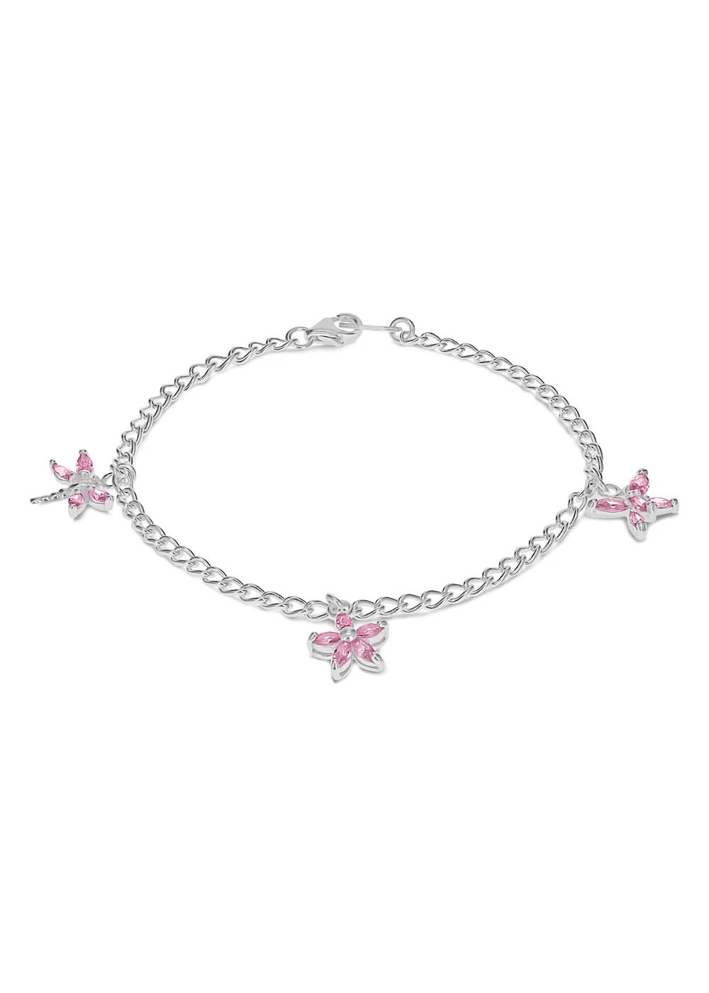 Golden Moments Sterling Silver Three Pink CZ Charm Bracelet - One Size Image 1