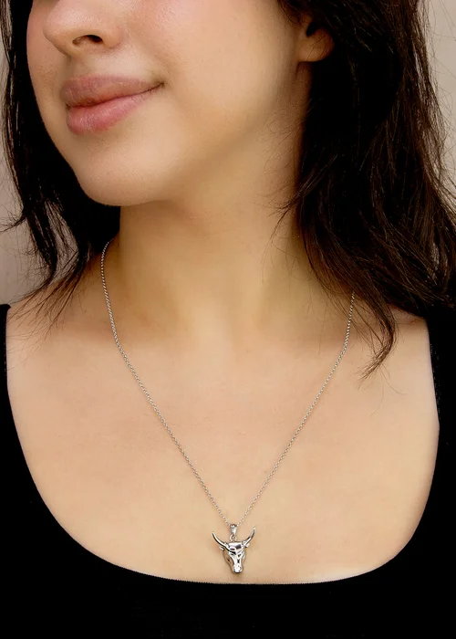 Golden Moments Sterling Silver Rhodium Plated Small Steer Head Pendant on Chain - One Size Image 2