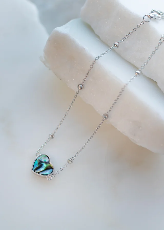 Golden Moments Sterling Silver Rhodium Plated Paua Shell Heart Adjustable Trace and Ball Bracelet