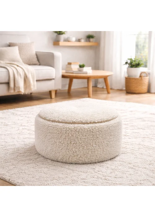 Kaikoo Cream Round Stool with Piping in Sherpa Fur - One Size Image 1