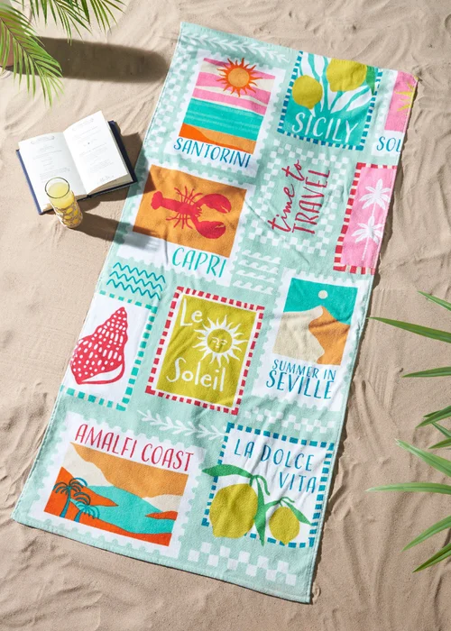 Catherine Lansfield Postcards Cotton Beach Towel Sage Green - One Size Image 1