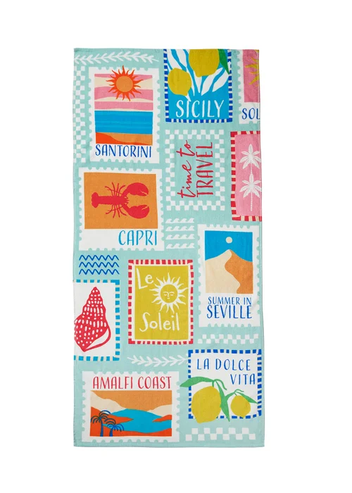 Catherine Lansfield Postcards Cotton Beach Towel Sage Green - One Size Image 3