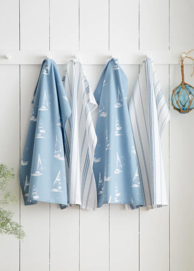 Catherine Lansfield Salcombe Boats Cotton Kitchen Tea Towel Pack of 4 Blue