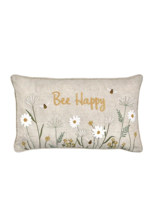 Catherine Lansfield Bee Happy Embroidered 30x50cm Cushion Natural - One Size Image 3