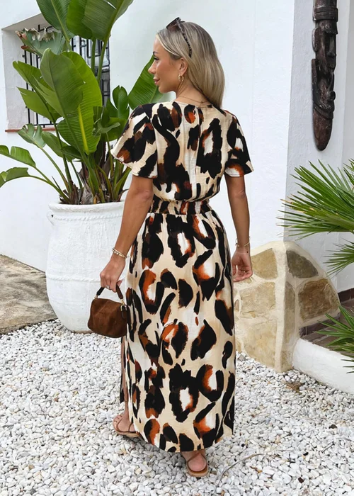 AX Paris Brown Bold Leopard Print Flutter Sleeve Midi Dress - 10 Image 5