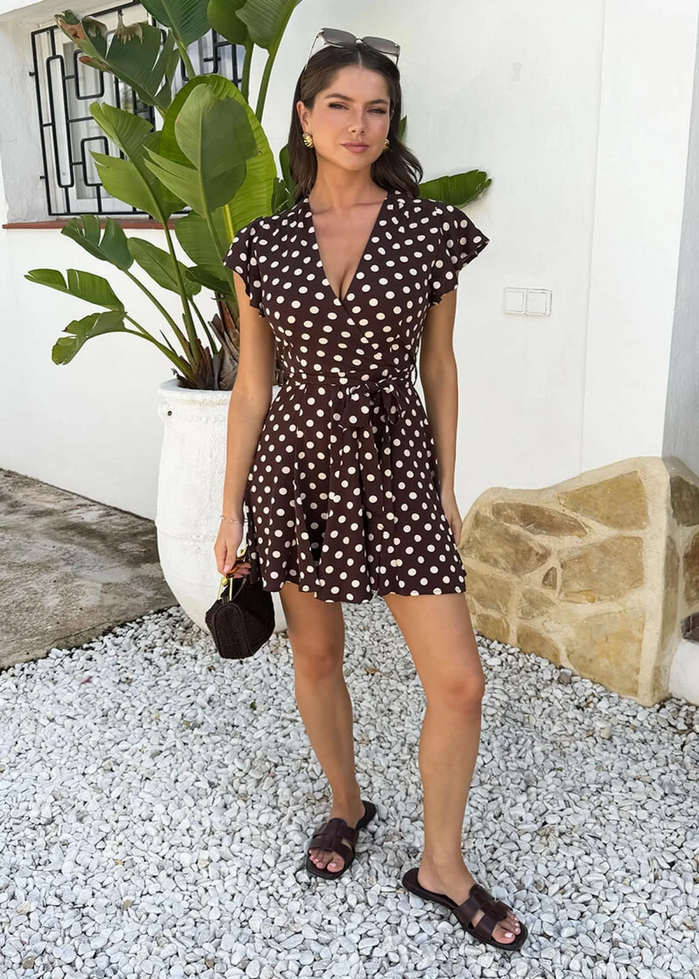 AX Paris Chocolate Polka Dot Print Wrap Top Skater Mini Dress - 10 Image 3