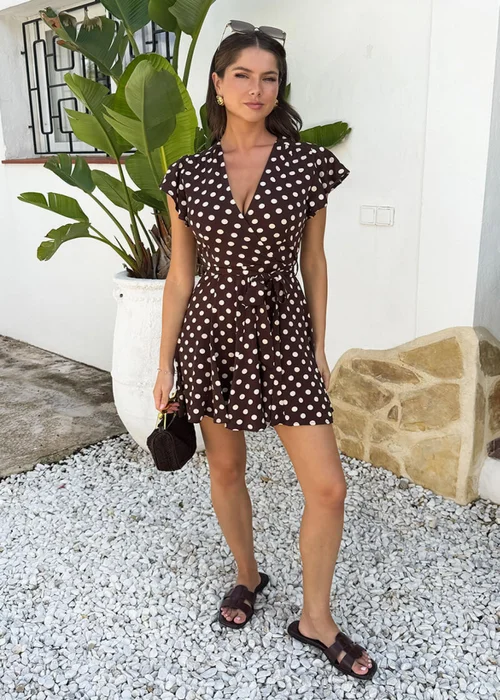 AX Paris Chocolate Polka Dot Print Wrap Top Skater Mini Dress - 10 Image 3