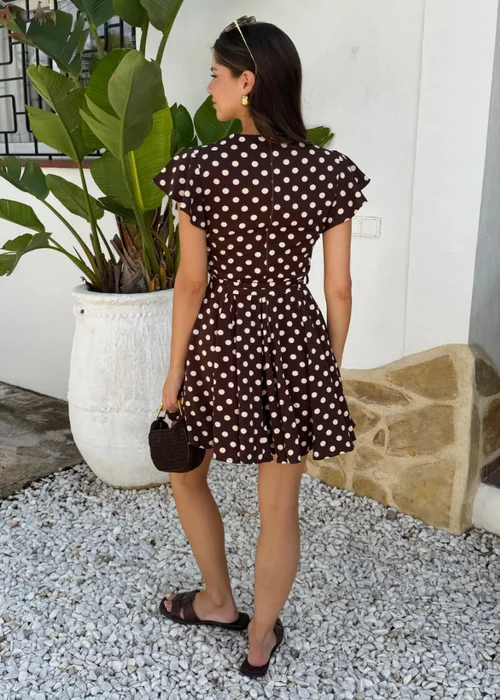 AX Paris Chocolate Polka Dot Print Wrap Top Skater Mini Dress - 10 Image 5
