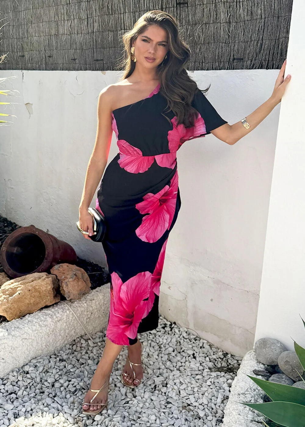 AX Paris Black & Magenta Floral Print One Sleeve Midi Dress - 12 AX Paris Black & Magenta Floral Print One Sleeve Midi Dress - 12