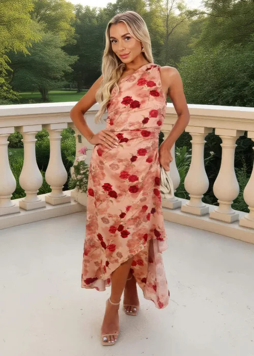 AX Paris Blush Rose Print One Shoulder Dipped Hem Midi Dress - 12 Image 1