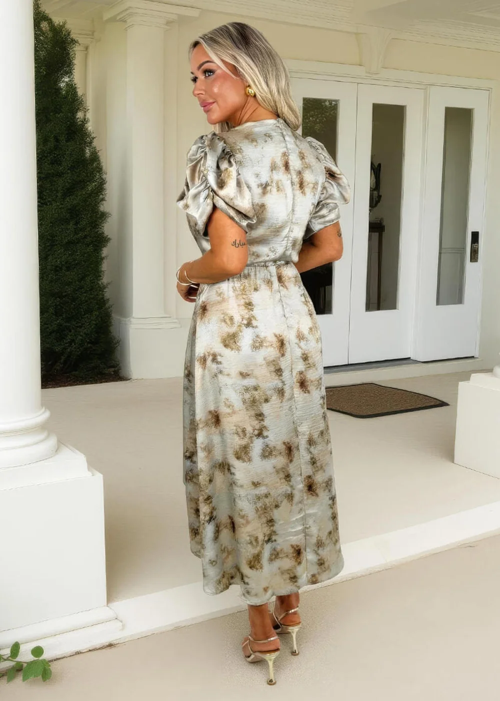 AX Paris Multi Smudge Print Puff Sleeve Gathered Side Midi Dress - 8 Image 5