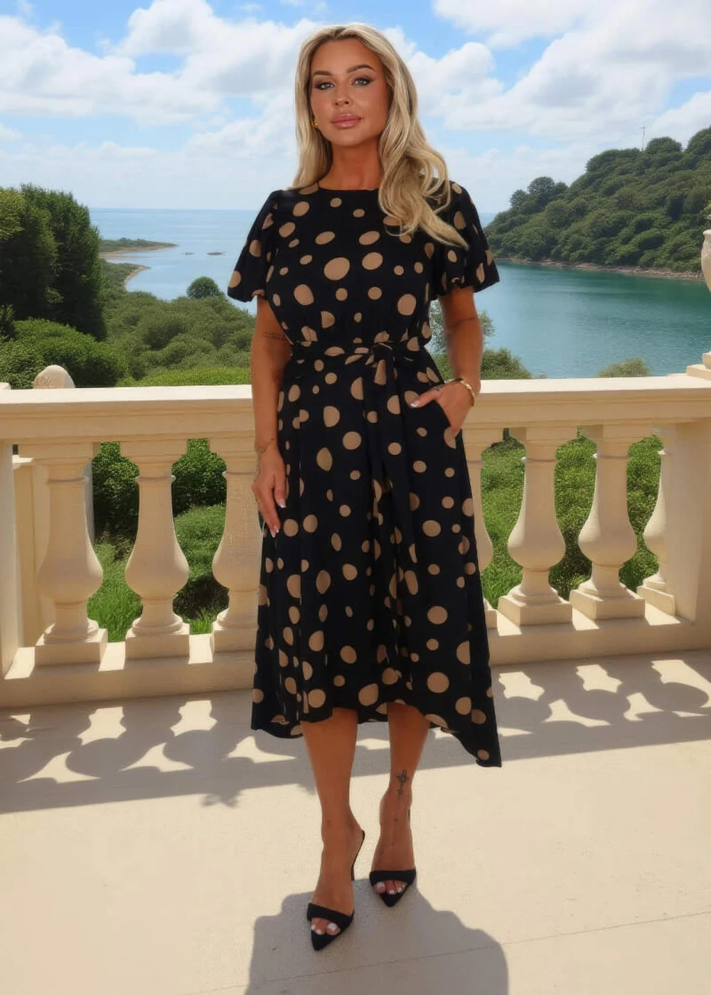 AX Paris Black & Stone Polka Dot Puff Sleeve Tie Waist Midi Dress - 8 Image 2