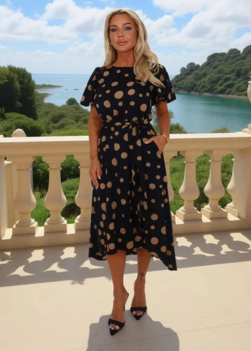 AX Paris Black & Stone Polka Dot Puff Sleeve Tie Waist Midi Dress - 8 Image 2