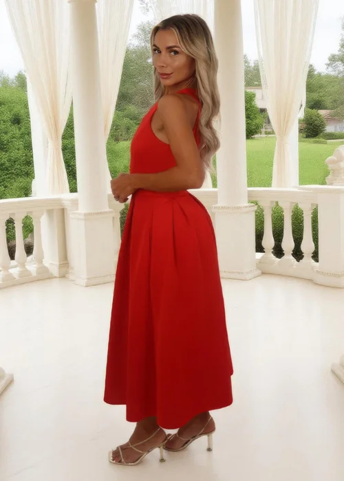AX Paris Blood Orange Racer Neck Pleated Skirt Midi Dress - 8 Image 4