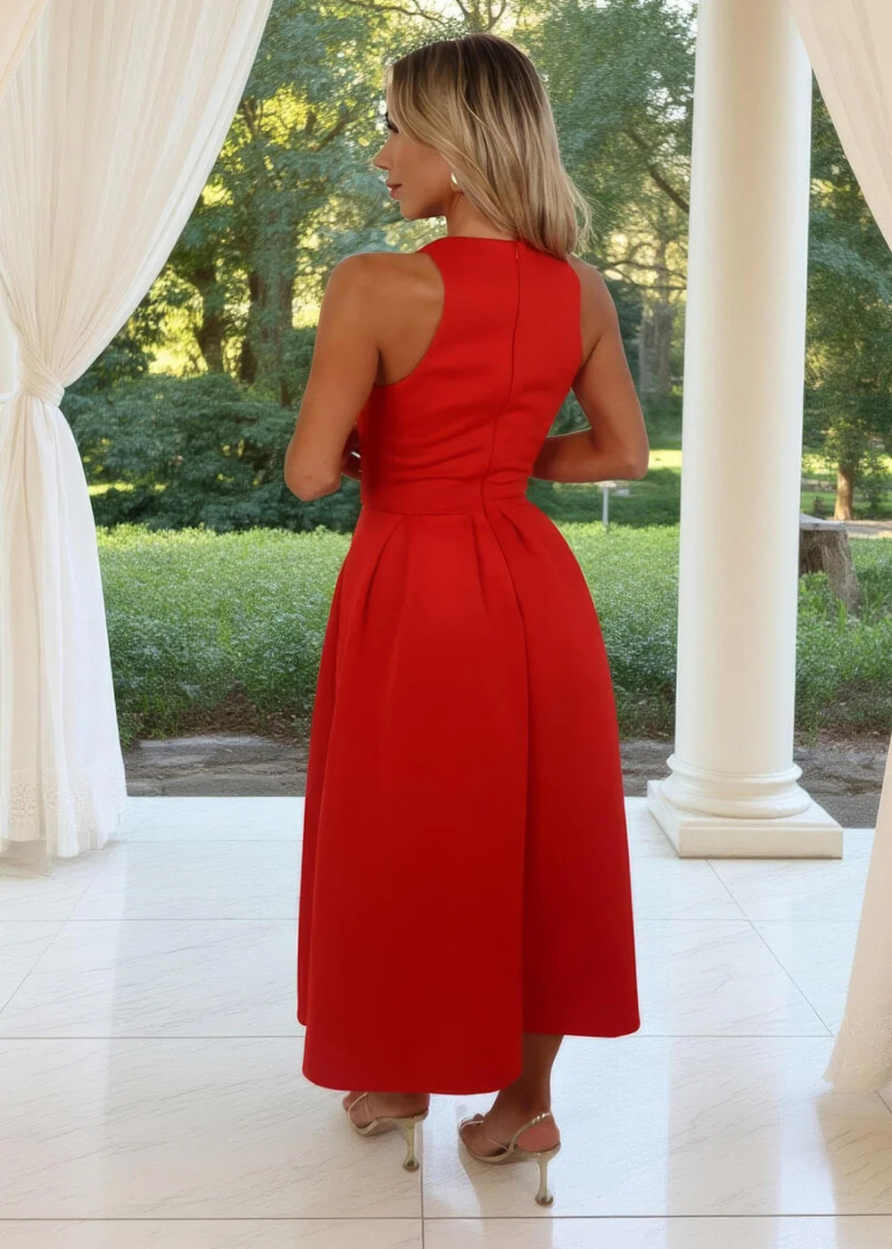 AX Paris Blood Orange Racer Neck Pleated Skirt Midi Dress - 8 Image 5