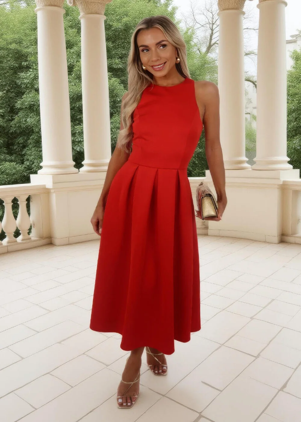 AX Paris Blood Orange Racer Neck Pleated Skirt Midi Dress - 18 AX Paris Blood Orange Racer Neck Pleated Skirt Midi Dress - 18