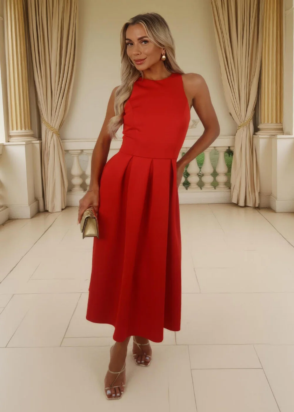 AX Paris Blood Orange Racer Neck Pleated Skirt Midi Dress - 8 Image 3