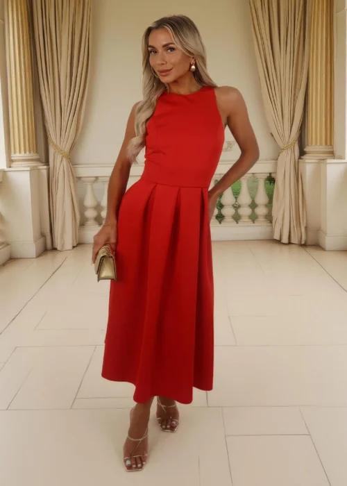 AX Paris Blood Orange Racer Neck Pleated Skirt Midi Dress - 8 Image 3