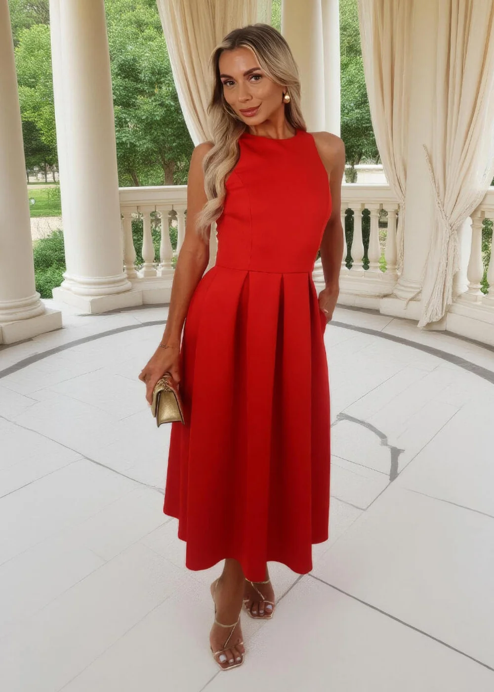AX Paris Blood Orange Racer Neck Pleated Skirt Midi Dress - 8 Image 2