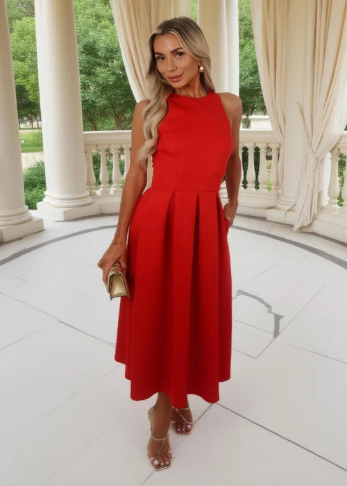 AX Paris Blood Orange Racer Neck Pleated Skirt Midi Dress - 8 Image 2