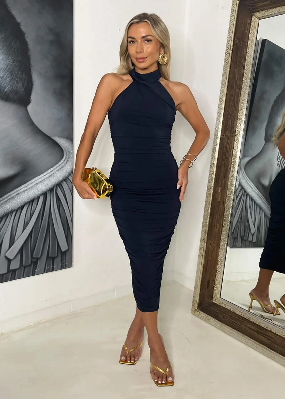 AX Paris Navy Draped Halter Neck Ruched Midi Dress - 16 Image 5