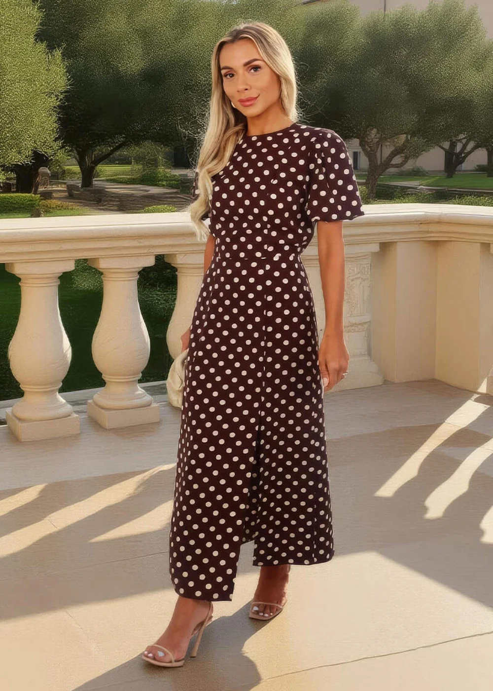 AX Paris Chocolate Polka Dot Print Puff Sleeve Midi Dress - 18 Image 2