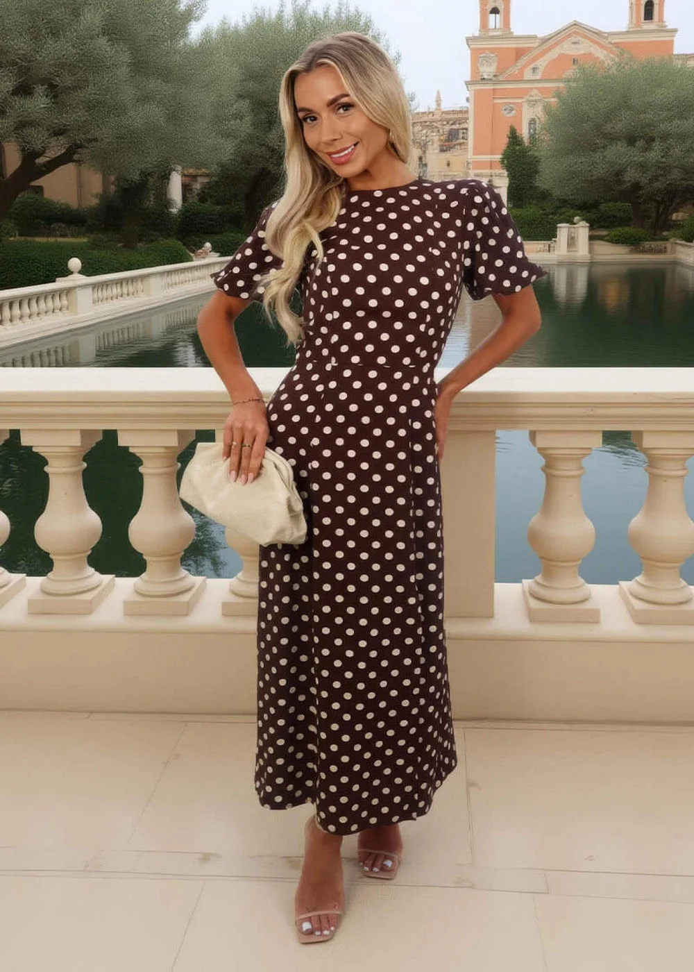 AX Paris Chocolate Polka Dot Print Puff Sleeve Midi Dress - 18 Image 1