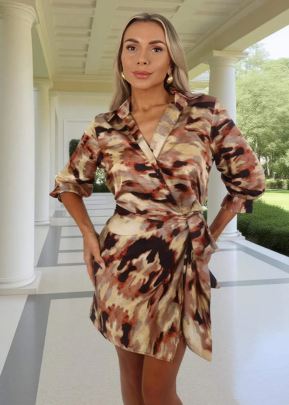 AX Paris Brown Smudge Print Tie Waist Wrap Shirt Mini Dress - 10 Image 1