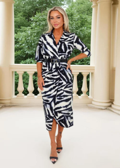 AX Paris Black & White Animal Print Belted Wrap Shirt Midi Dress - 8 Image 3