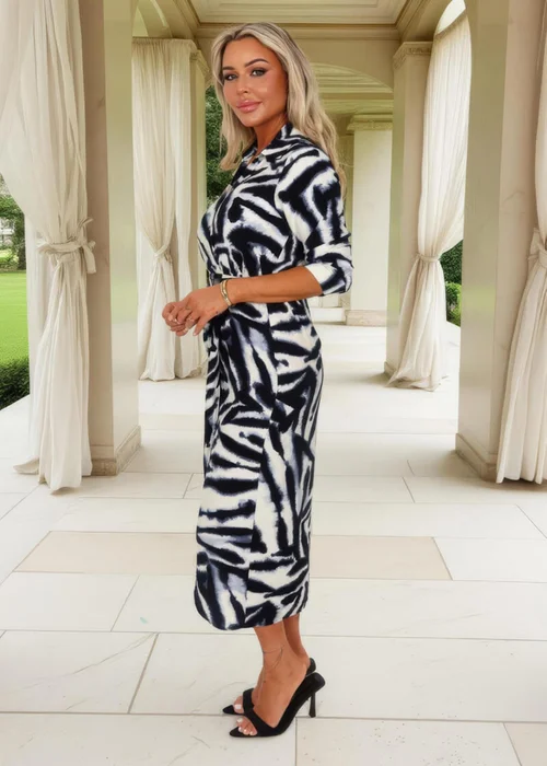 AX Paris Black & White Animal Print Belted Wrap Shirt Midi Dress - 8 Image 4