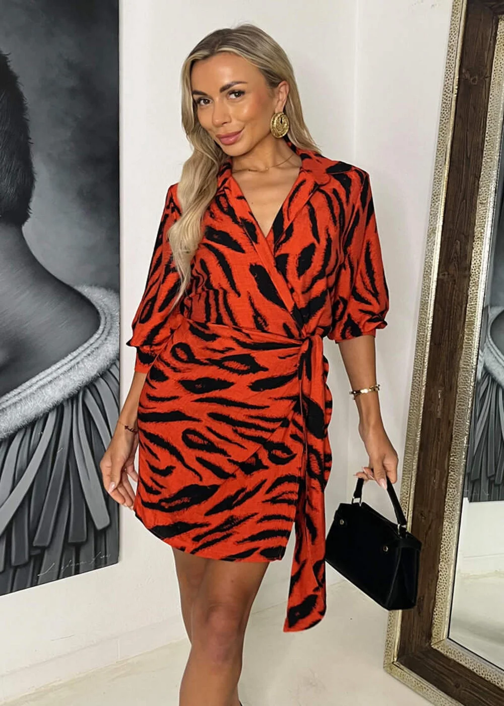 AX Paris Orange Tiger Print Tie Waist Wrap Shirt Mini Dress - 8 Image 1