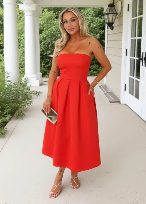 AX Paris Blood Orange Bandeau A-Line Skirt Midi Dress - 12 Image 1