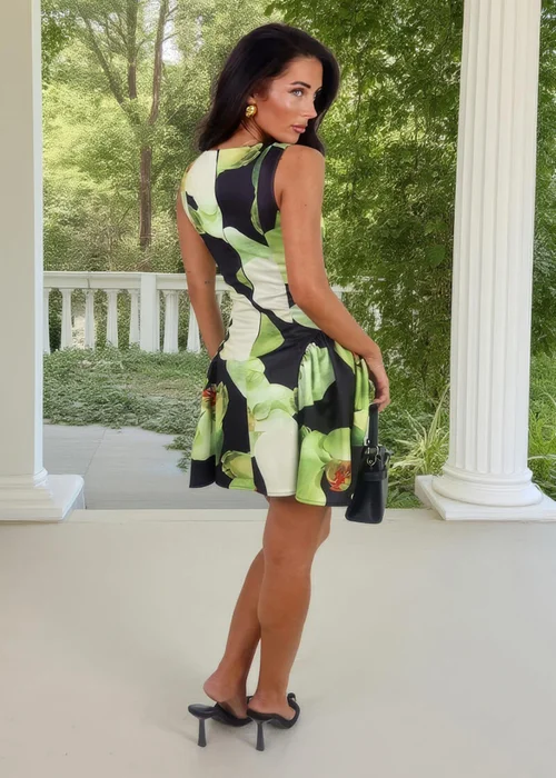 AX Paris Black & Green Floral Print Pleated Hip Mini Dress - 10 Image 5