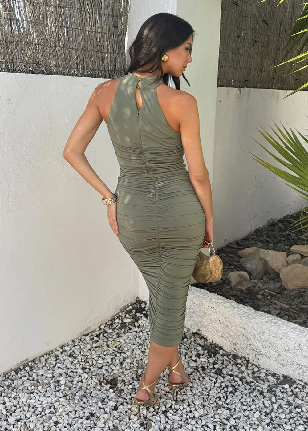 AX Paris Light Khaki Draped Halter Neck Ruched Midi Dress - 14 Image 4