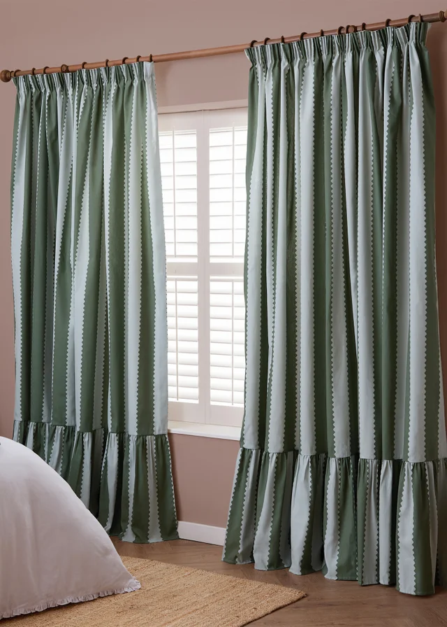 Wylder Birdie Stripe Ruffle Baygreen/Mist Pencil Pleat Curtain Pair