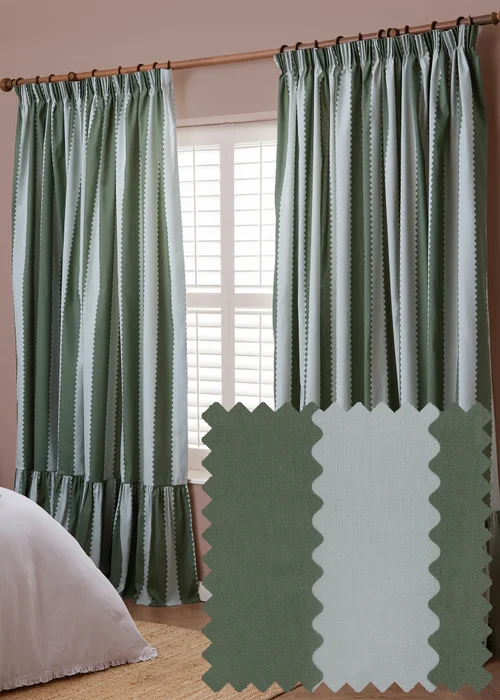Wylder Birdie Stripe Ruffle Baygreen/Mist Pencil Pleat Curtain Pair - 46W X 54D (117x137cm Image 1