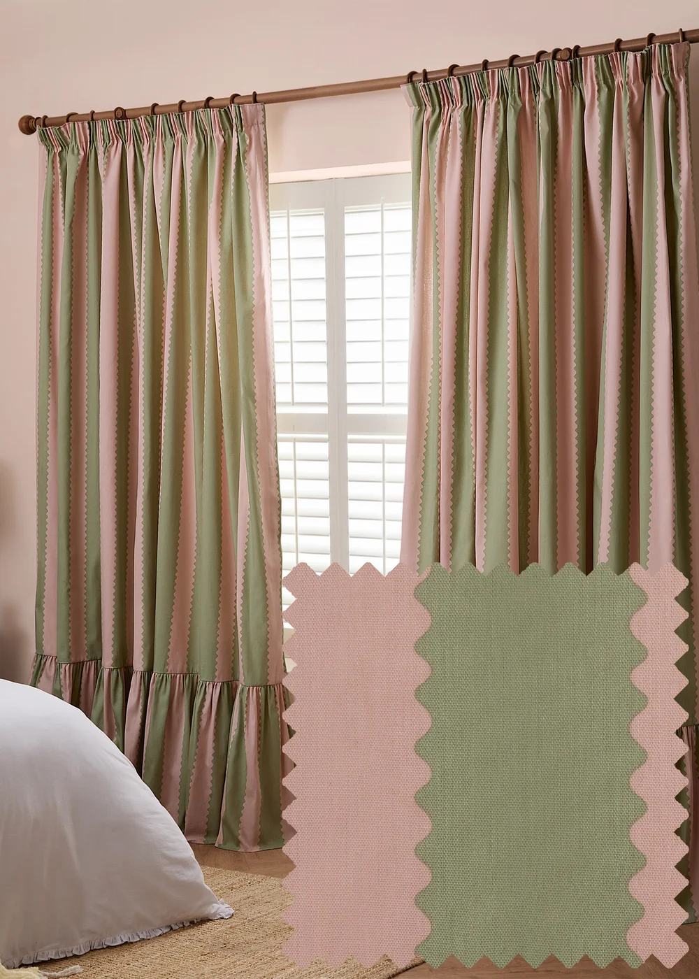 Wylder Birdie Stripe Ruffle Pink/Green Pencil Pleat Curtain Pair - 66W X 54D (168x137cm) Image 1