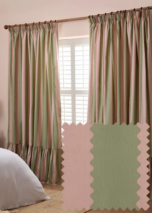 Wylder Birdie Stripe Ruffle Pink/Green Pencil Pleat Curtain Pair - 66W X 54D (168x137cm) Image 1