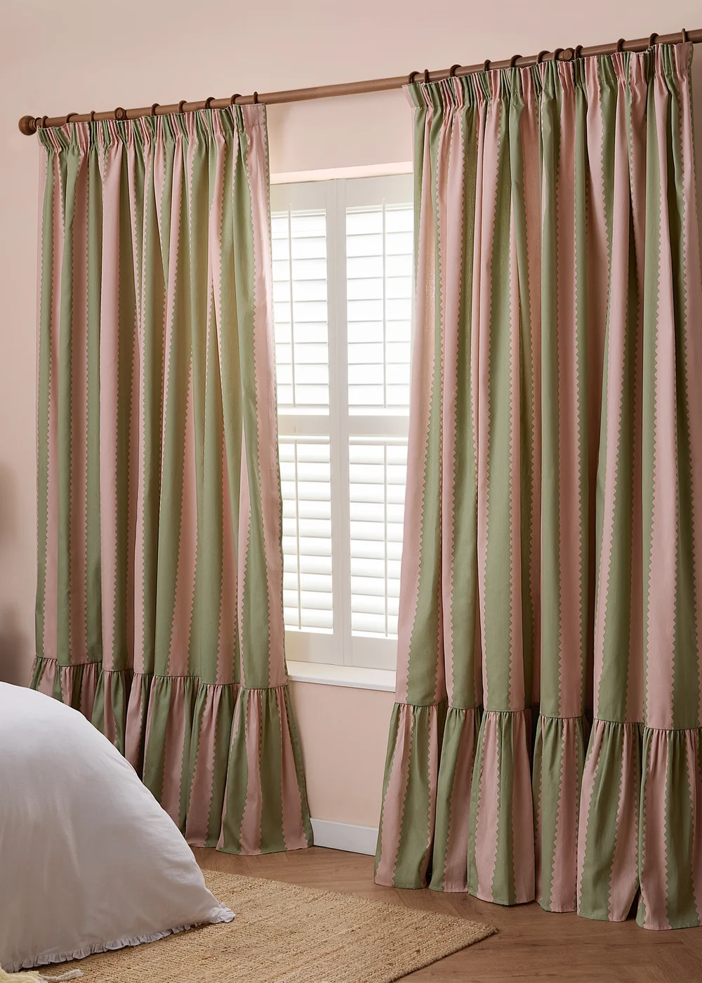 Wylder Birdie Stripe Ruffle Pink/Green Pencil Pleat Curtain Pair - 66W X 54D (168x137cm) Image 2