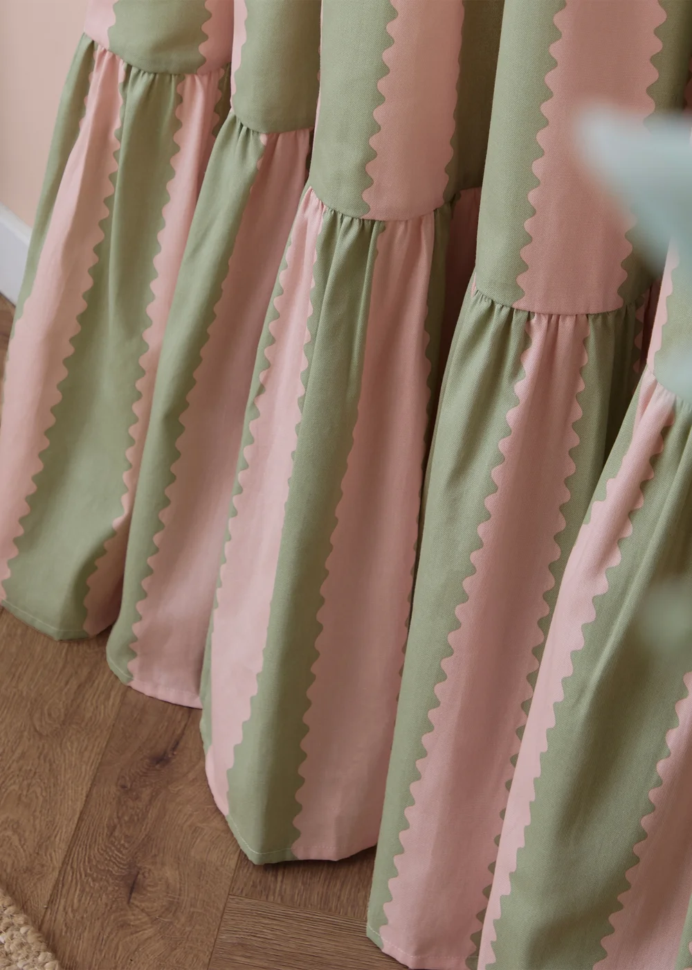 Wylder Birdie Stripe Ruffle Pink/Green Pencil Pleat Curtain Pair - 66W X 54D (168x137cm) Image 4