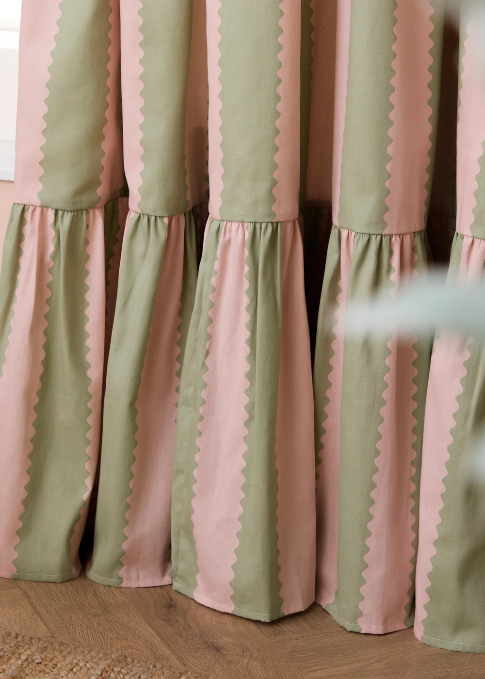 Wylder Birdie Stripe Ruffle Pink/Green Pencil Pleat Curtain Pair - 66W X 54D (168x137cm) Image 3