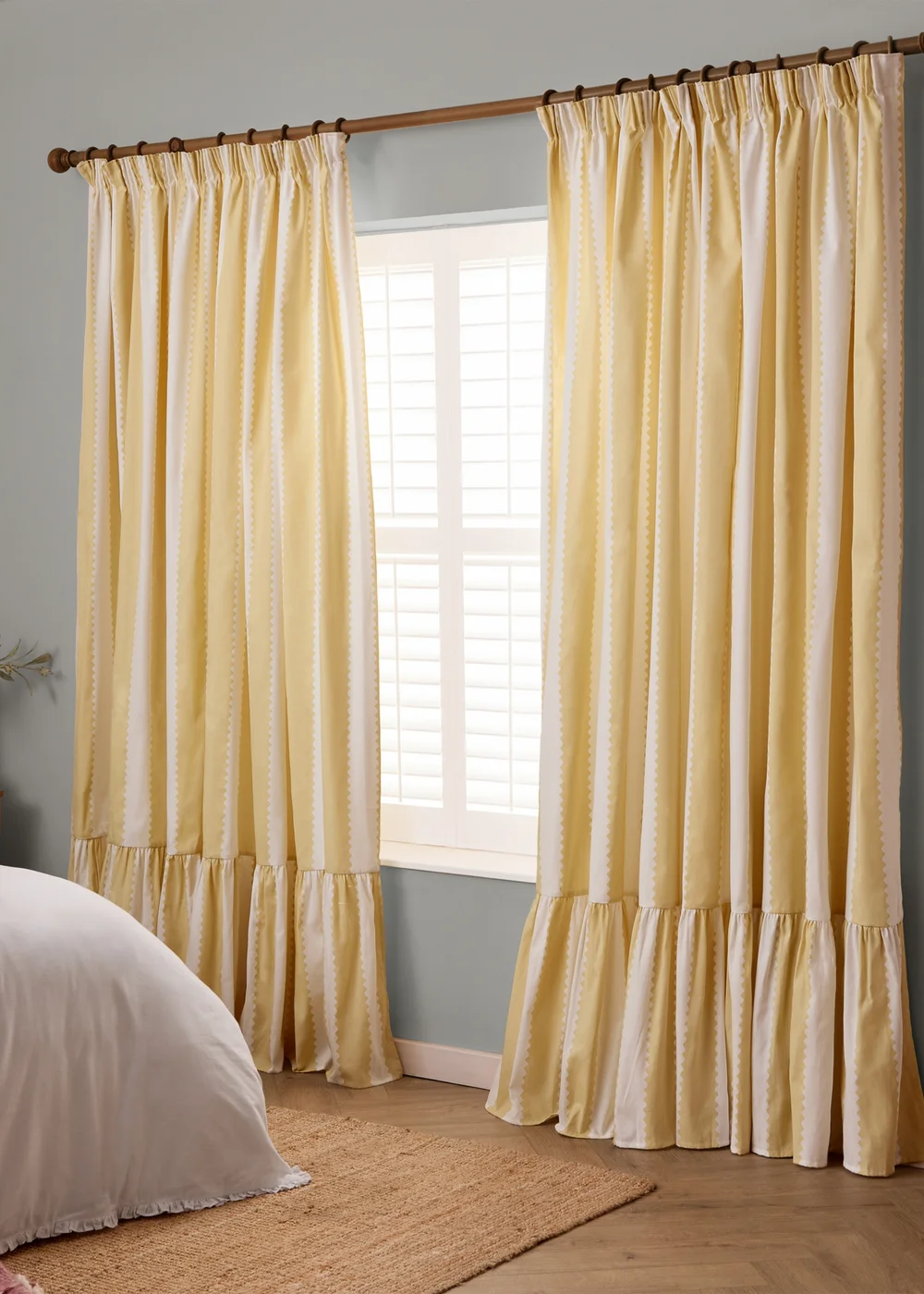 Wylder Birdie Stripe Ruffle Butter Yellow Pencil Pleat Curtain Pair - 46W X 54D (117x137cm Image 2