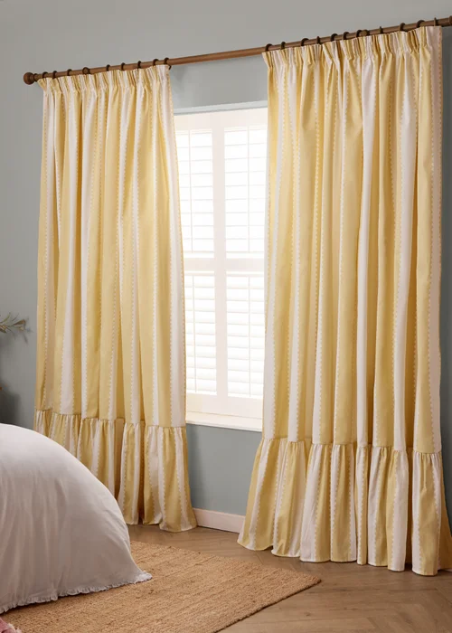 Wylder Birdie Stripe Ruffle Butter Yellow Pencil Pleat Curtain Pair - 46W X 54D (117x137cm Image 2