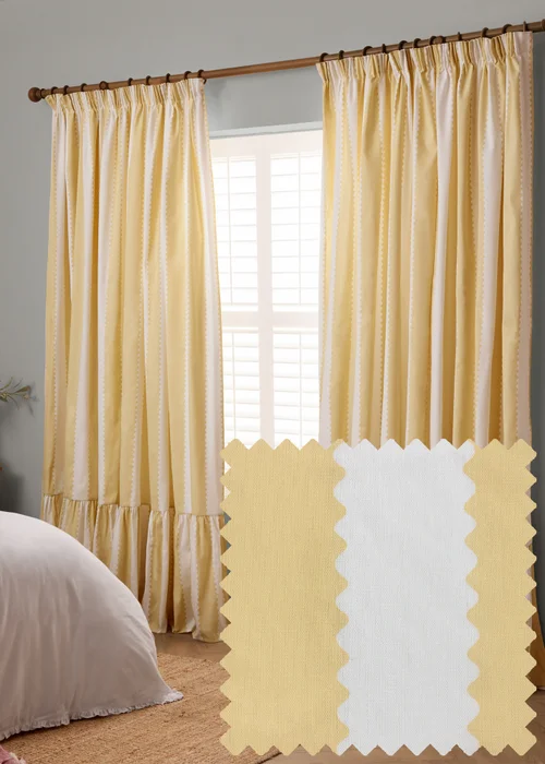Wylder Birdie Stripe Ruffle Butter Yellow Pencil Pleat Curtain Pair - 46W X 54D (117x137cm Image 1
