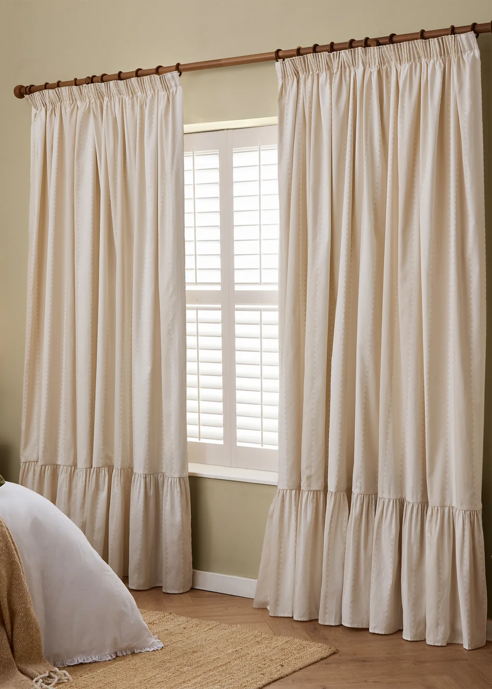 Wylder Birdie Stripe Ruffle Oat/Milk Pencil Pleat Curtain Pair - 46W X 54D (117x137cm Image 2